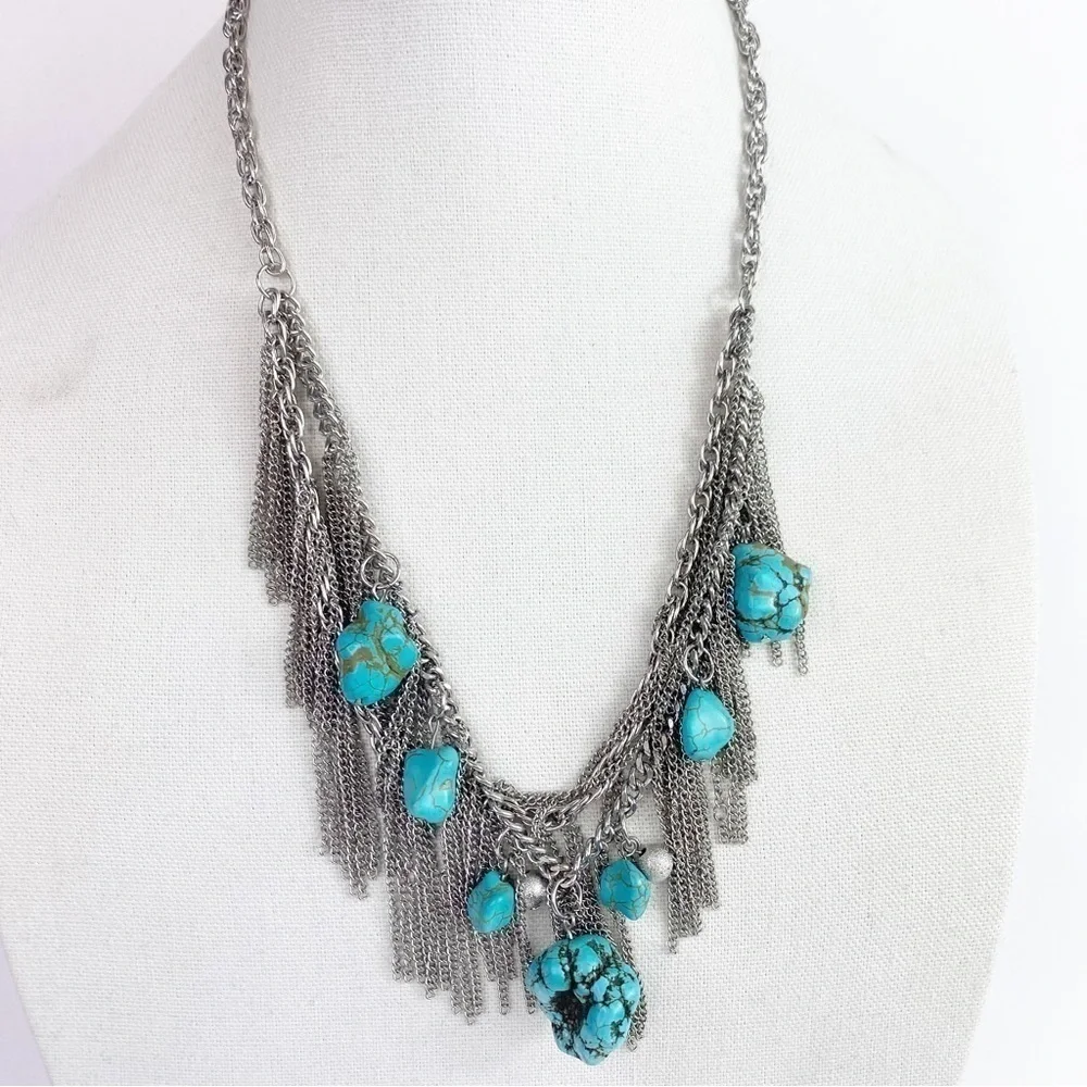 Silver Tone Turquoise Chunky Fringe Boho Necklace